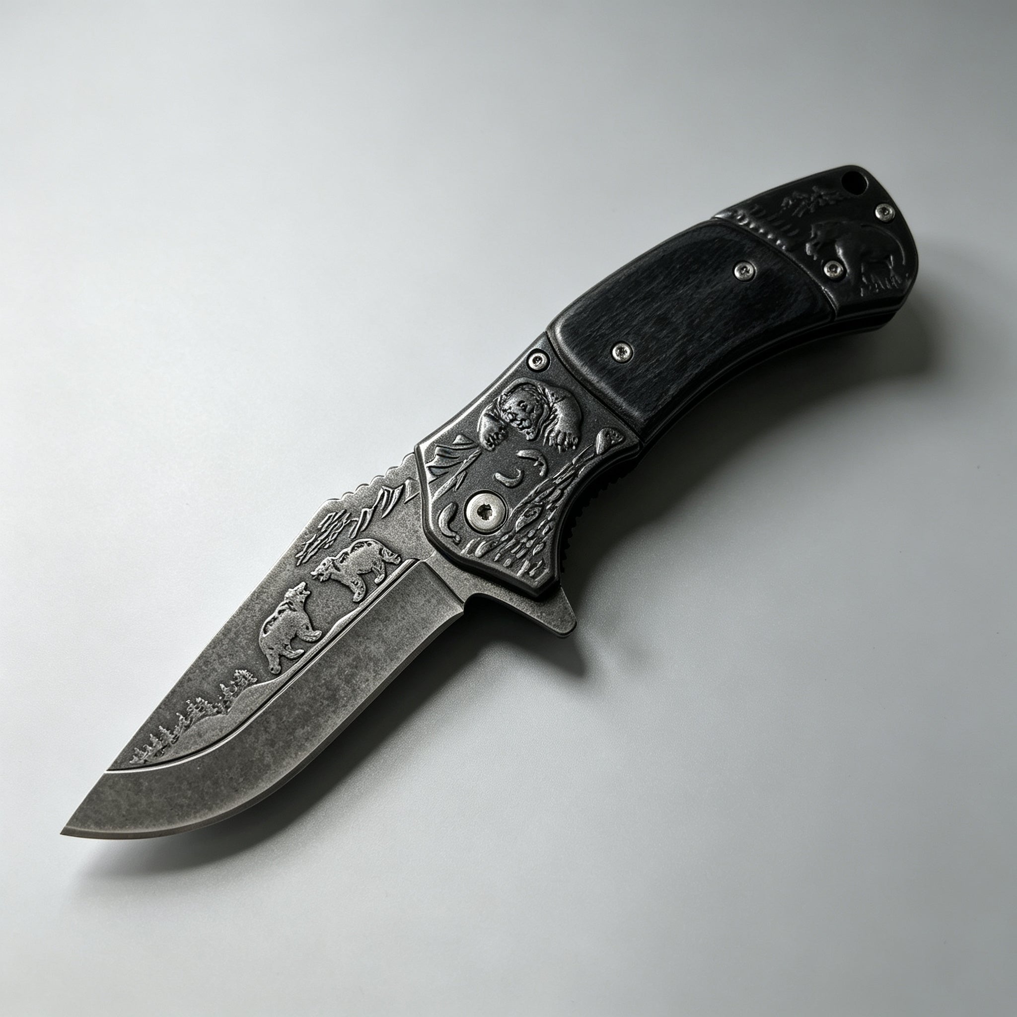 PH03-3 Folding Knife – Bear Etch, Wood Inlay — view 2