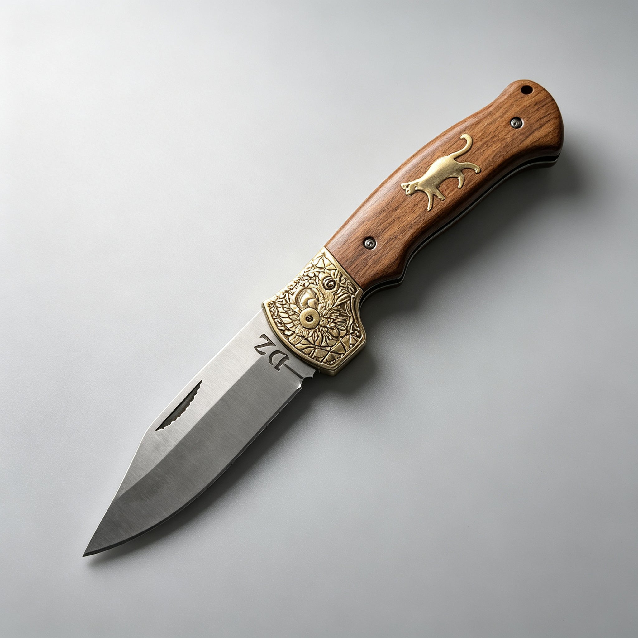 T-05 Folding Knife – Cat Motif, Copper & Wood — view 2