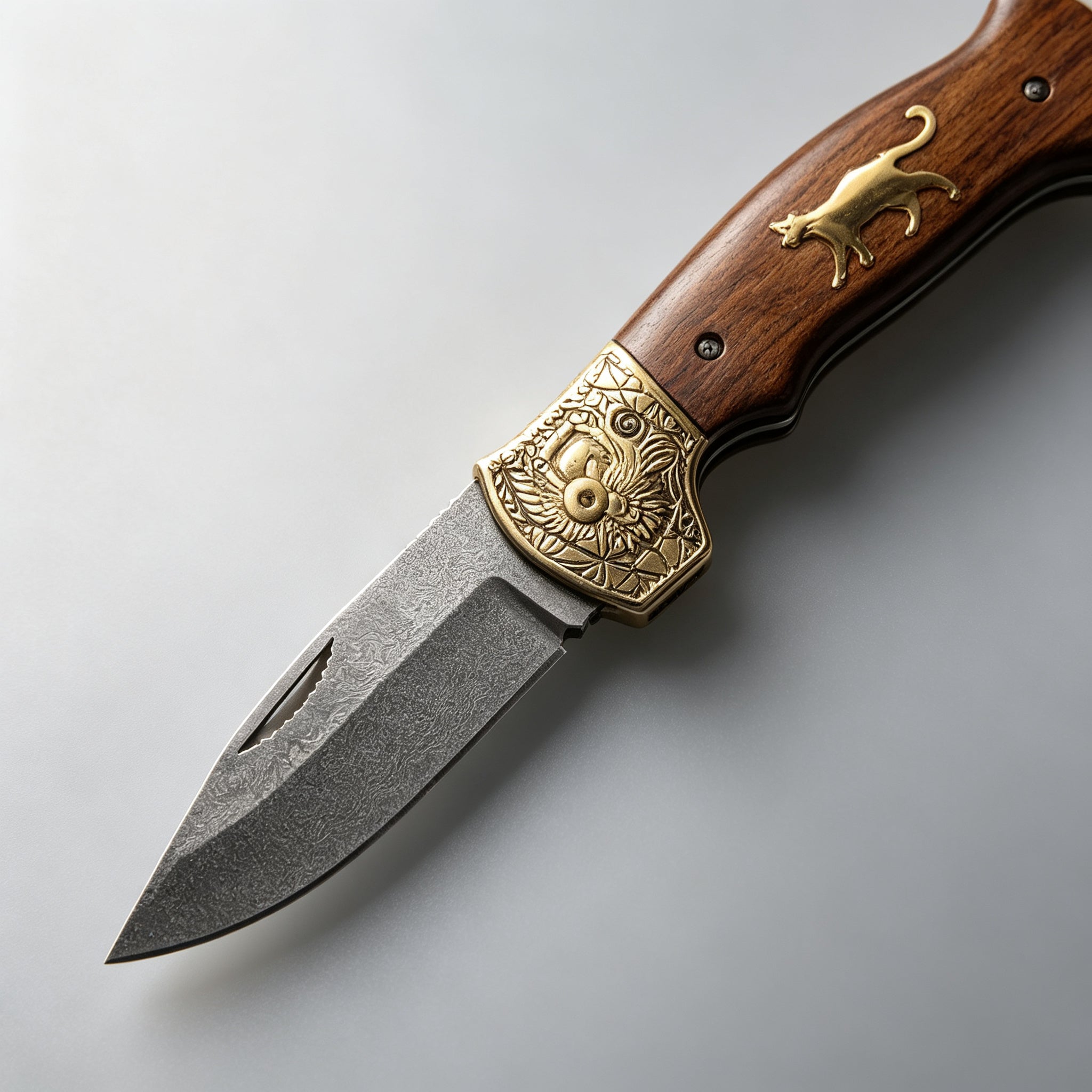 T-05 Folding Knife – Cat Motif, Copper & Wood — view 3